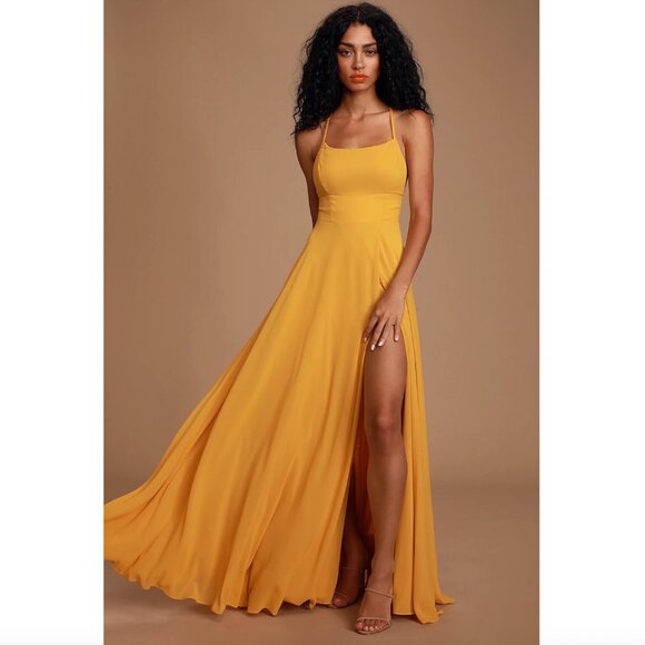 New w/Tags - Lulu’s Dreamy Romance Backless Maxi Dress in Mustard, size XL - Picture 1 of 13